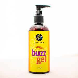 250ml bottle of Saroma Buzz Gel natural mosquito repellent with pump dispenser and yellow label