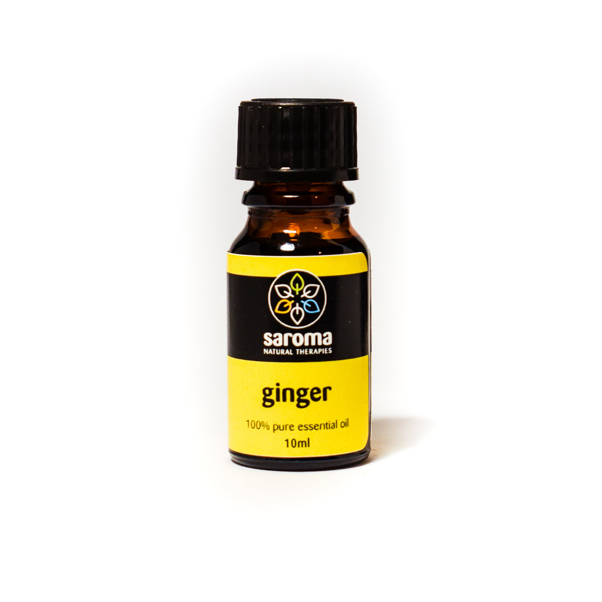 10ml bottle of Saroma Ginger Essential Oil for muscle pain and stomach relief