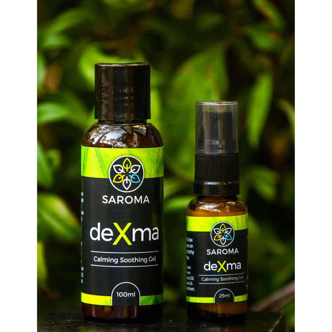 DeXma anti-itch gel natural calming soothing gel for eczema and dry skin irritations in 25ml and 100ml bottles