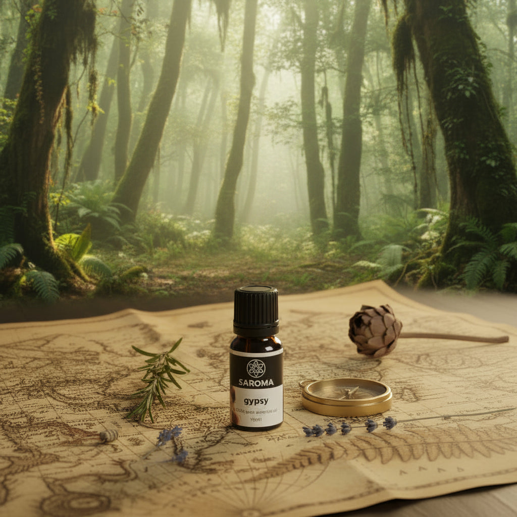 Gypsy essential oil blend bottle with grapefruit, bergamot, patchouli, ylang ylang, and sandalwood scents, 10ml