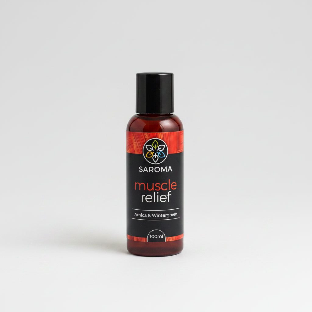 Saroma Muscle Relief Gel bottle with Arnica and Wintergreen for natural muscle pain relief 100ml